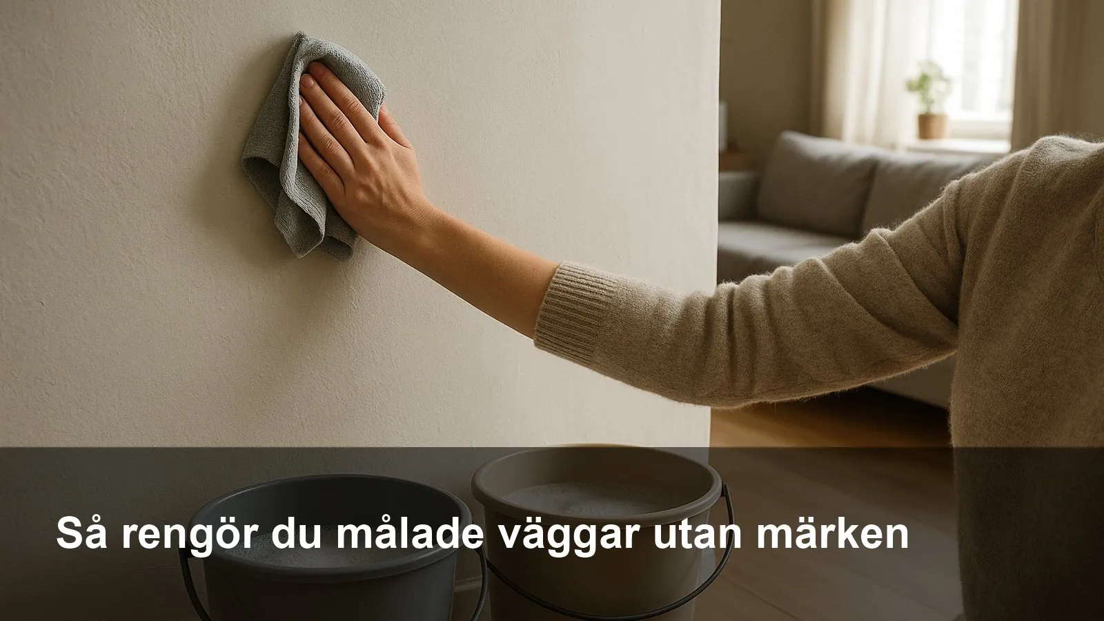 Hand som tvättar en målad vägg med ljus mikrofiberduk utan att lämna märken
