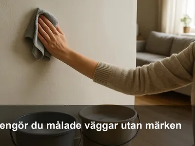 Hand som tvättar en målad vägg med ljus mikrofiberduk utan att lämna märken