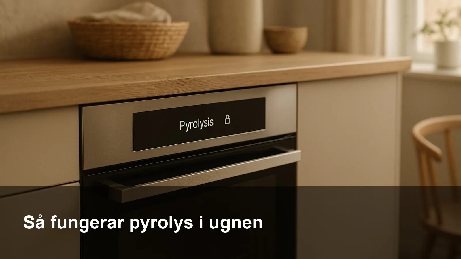 Modern inbyggnadsugn med påslagen pyrolysfunktion och låst dörrindikator på displayen.
