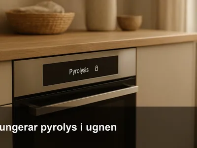 Modern inbyggnadsugn med påslagen pyrolysfunktion och låst dörrindikator på displayen.