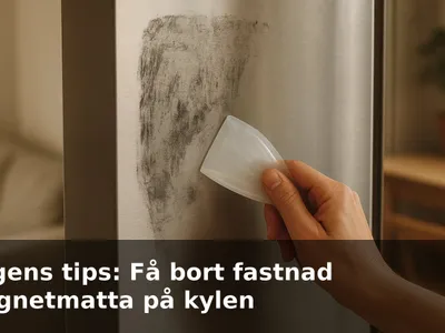 Närbild på rostfri kylskåpsdörr med svarta magnetrester och en hand som skrapar med en plastskrapa, lite olja syns på ytan