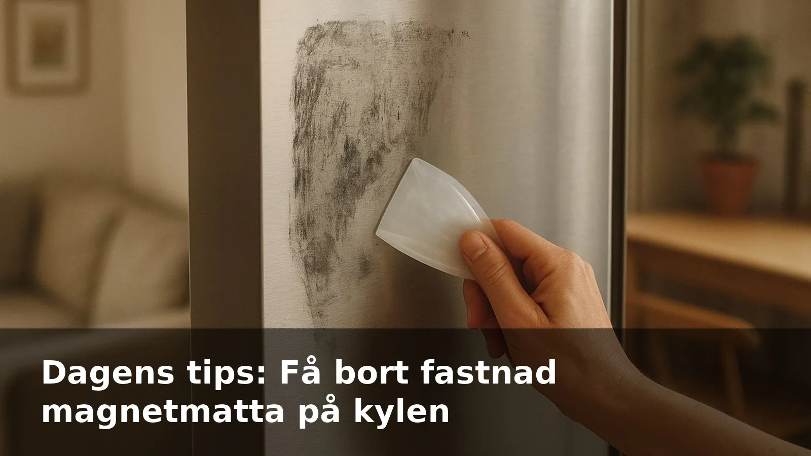 Närbild på rostfri kylskåpsdörr med svarta magnetrester och en hand som skrapar med en plastskrapa, lite olja syns på ytan