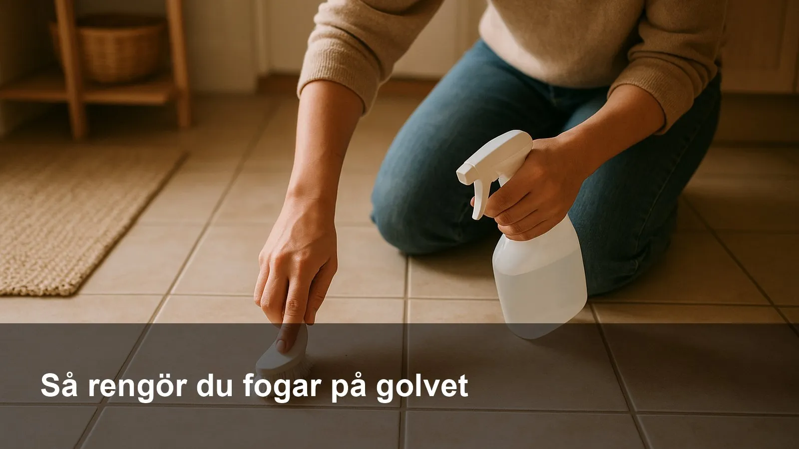 Hand som skrubbar golvfogar mellan klinker med en liten borste och rengöringslösning