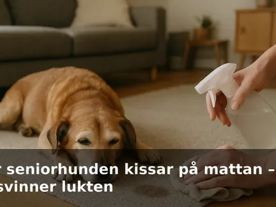 Äldre hund ligger bredvid en vardagsrumsmatta medan någon håller en sprayflaska och en trasa för att städa en fläck.