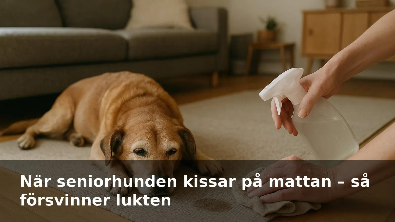 Äldre hund ligger bredvid en vardagsrumsmatta medan någon håller en sprayflaska och en trasa för att städa en fläck.