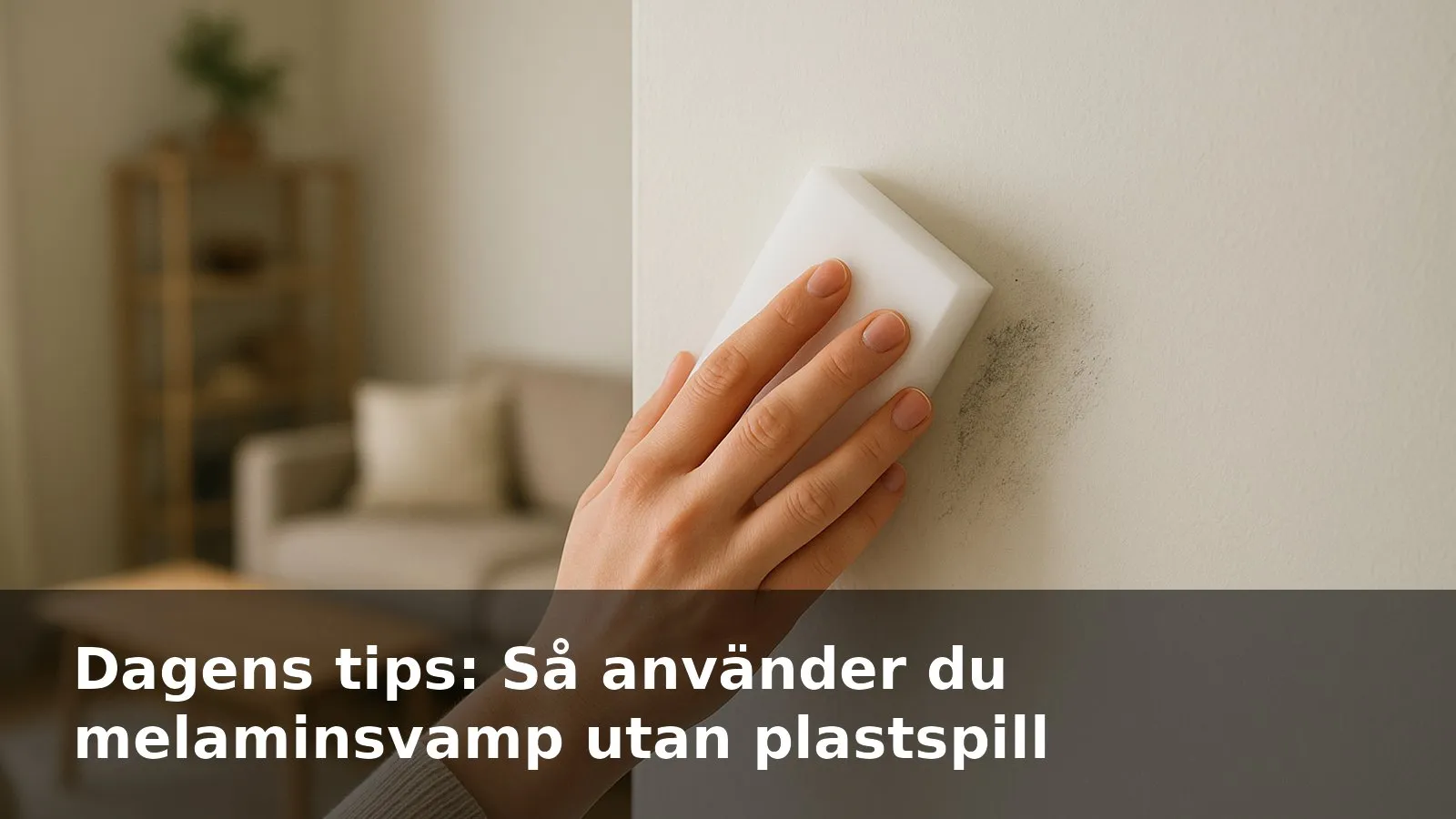 Hand som gnuggar bort ett svart skomärke på en vit vägg med en melaminsvamp.