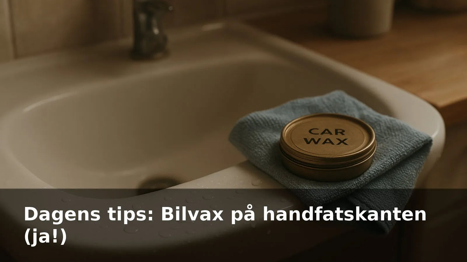 Vattenpärlor på en blank, vit handfatskant efter vaxning, en mikrofiberduk och en liten burk bilvax bredvid.