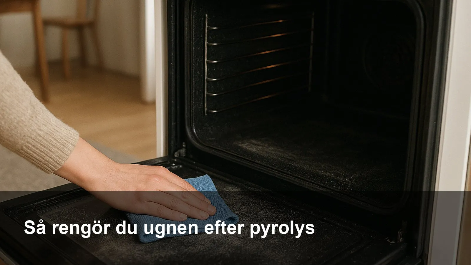 Ljusgrå aska i ugnens botten efter pyrolys torkas bort med en mikrofiberduk.