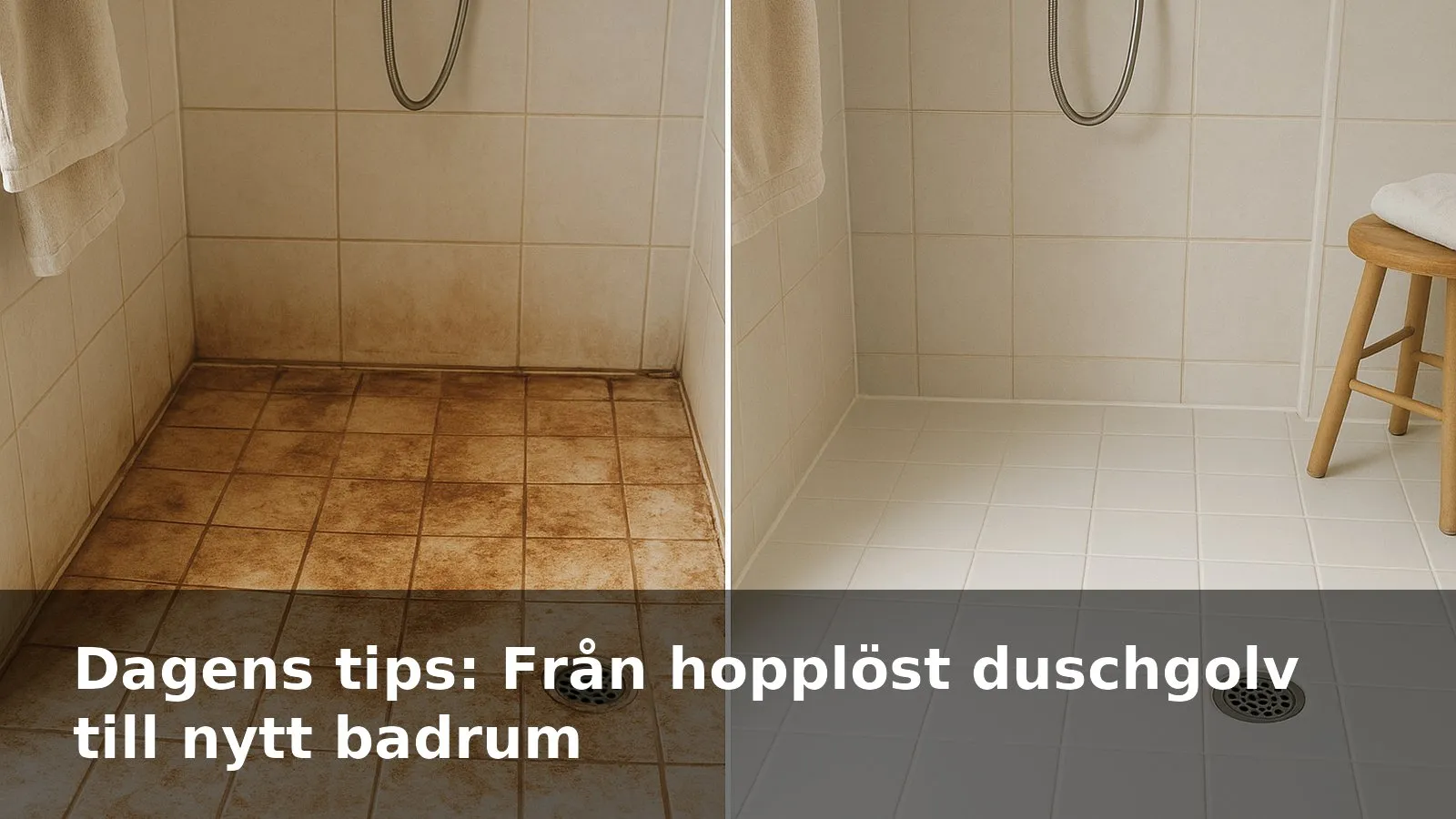 Före- och efterbild av ett mycket smutsigt duschgolv som blivit vitt igen efter storstädning