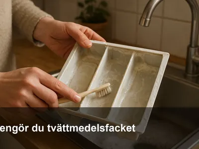 Tvättmedelsfack utdraget ur tvättmaskin, rengörs med liten borste över diskho.