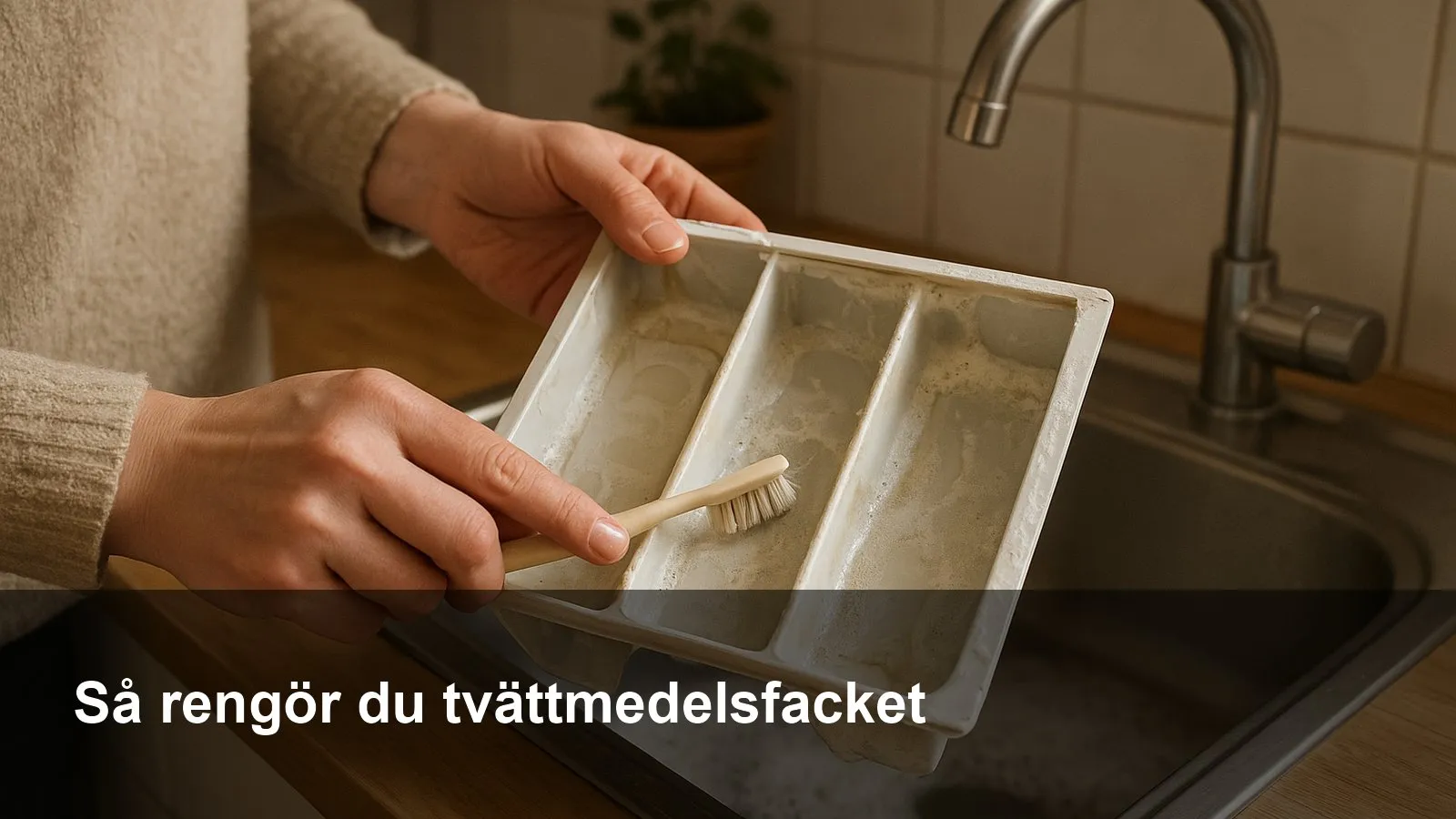 Tvättmedelsfack utdraget ur tvättmaskin, rengörs med liten borste över diskho.