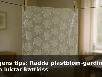 Skimrande plastblom-gardin som hänger på tork ute i skugga och droppar vatten