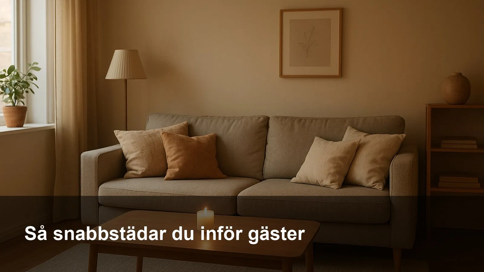Snabbstädat vardagsrum med fluffade kuddar, rent soffbord och varm belysning inför gäster.