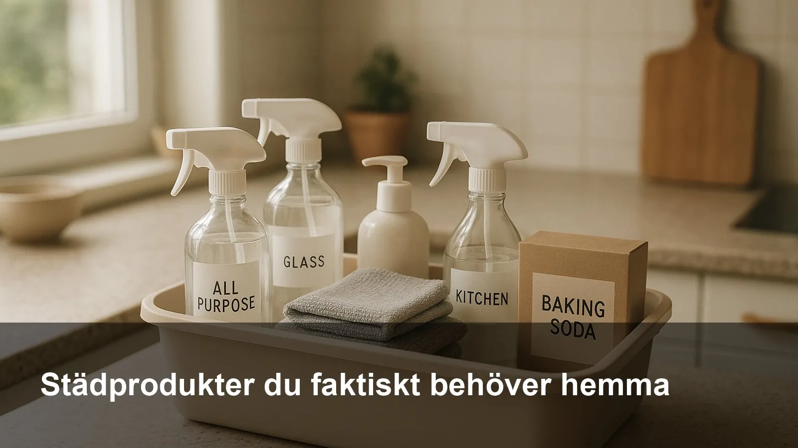 Ett litet bärbart städkit på en köksbänk med mikrofiberdukar, sprayflaskor, såpa och diskmedel.
