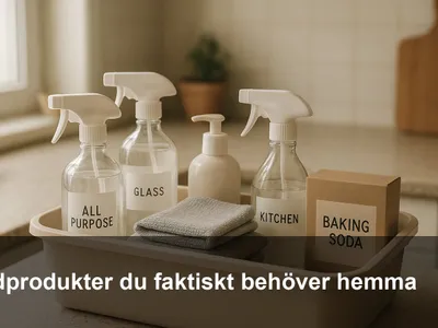 Ett litet bärbart städkit på en köksbänk med mikrofiberdukar, sprayflaskor, såpa och diskmedel.