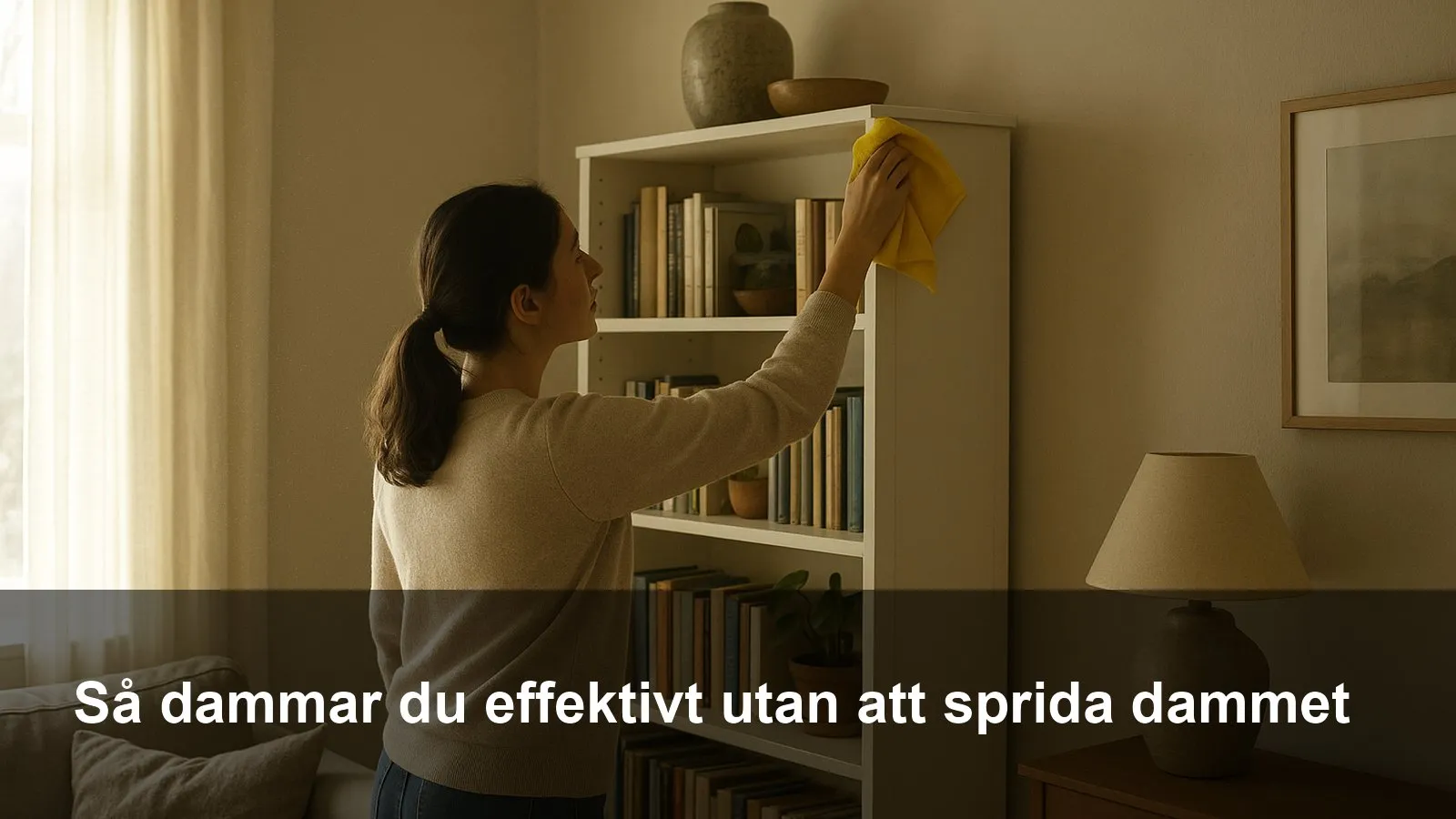 Person som dammar en bokhylla uppifrån och ner med mikrofiberduk i ett vardagsrum med solljus i rummet.