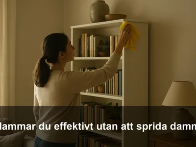 Person som dammar en bokhylla uppifrån och ner med mikrofiberduk i ett vardagsrum med solljus i rummet.