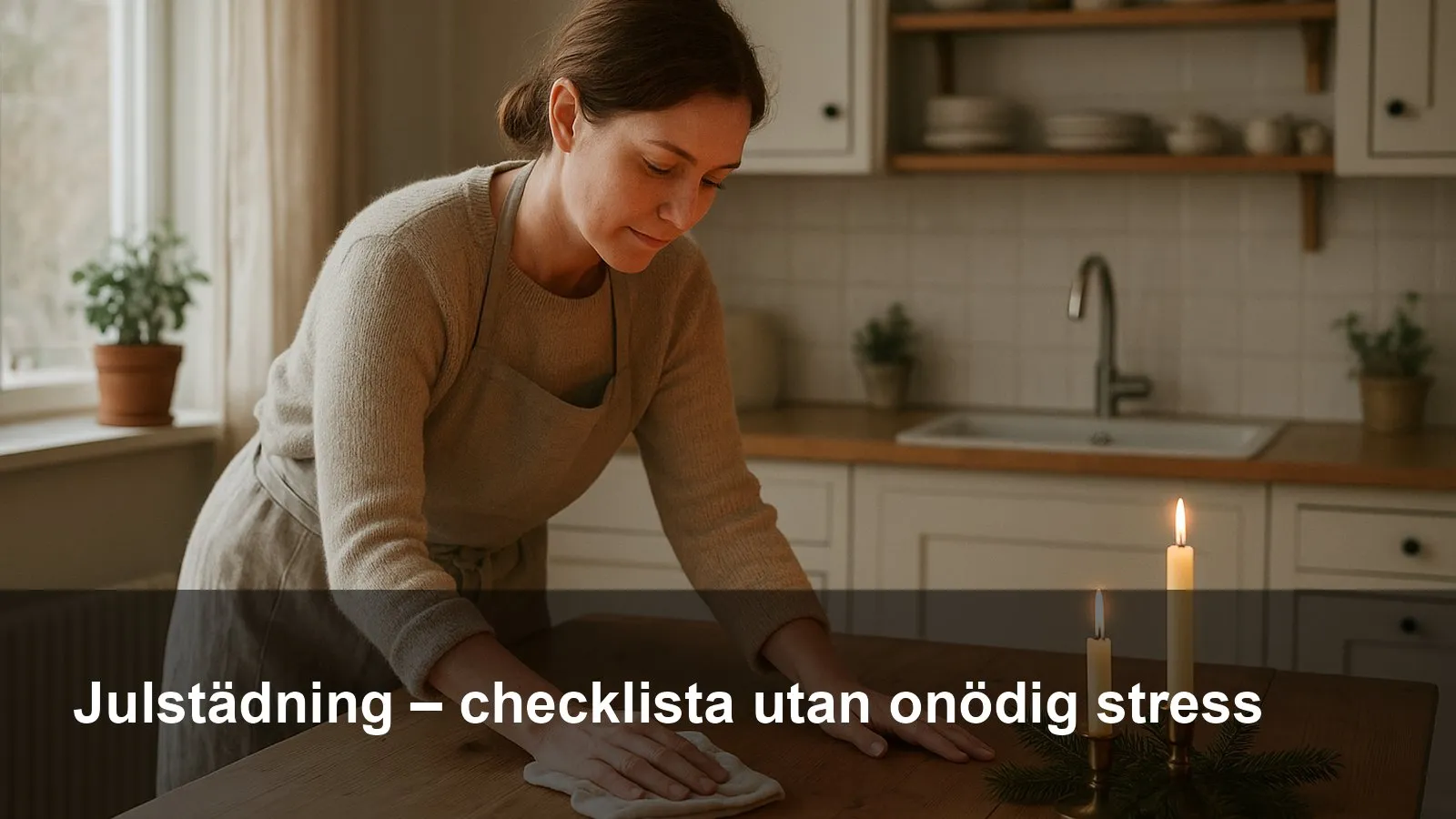 Lugn julstädning i kök: någon torkar ett träbord med mikrofiberduk, ljus och lite granris i bakgrunden.