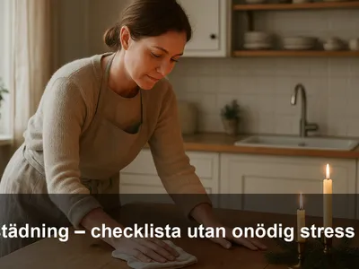 Lugn julstädning i kök: någon torkar ett träbord med mikrofiberduk, ljus och lite granris i bakgrunden.