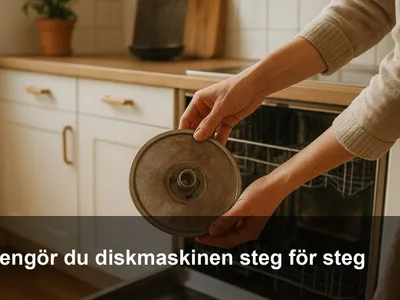 Öppen diskmaskin där filtret lyfts ur för rengöring