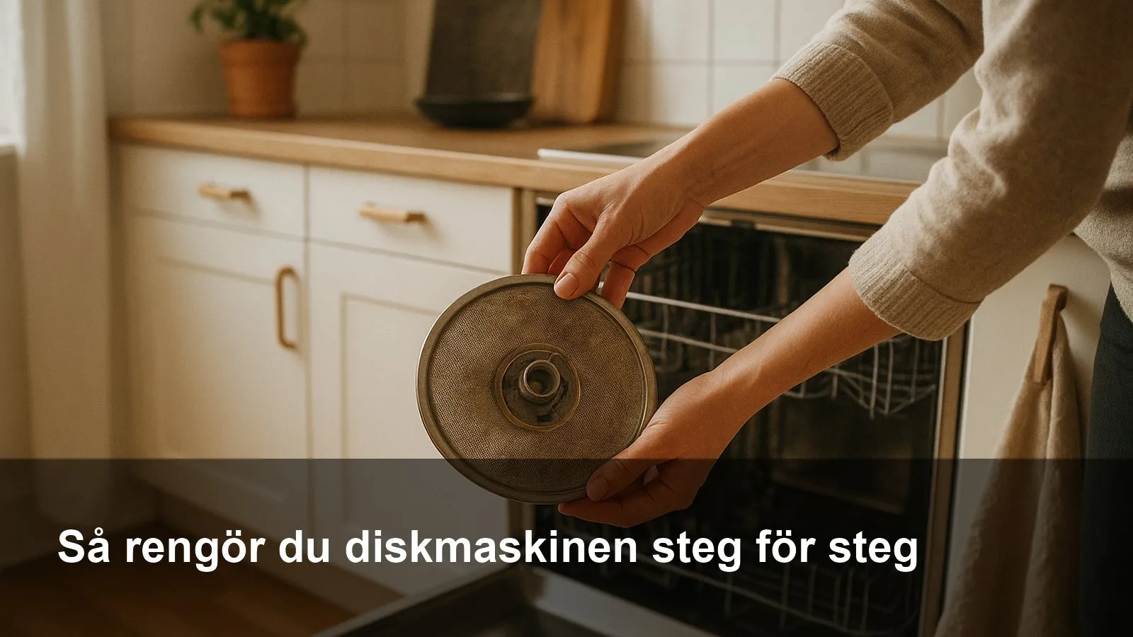 Öppen diskmaskin där filtret lyfts ur för rengöring