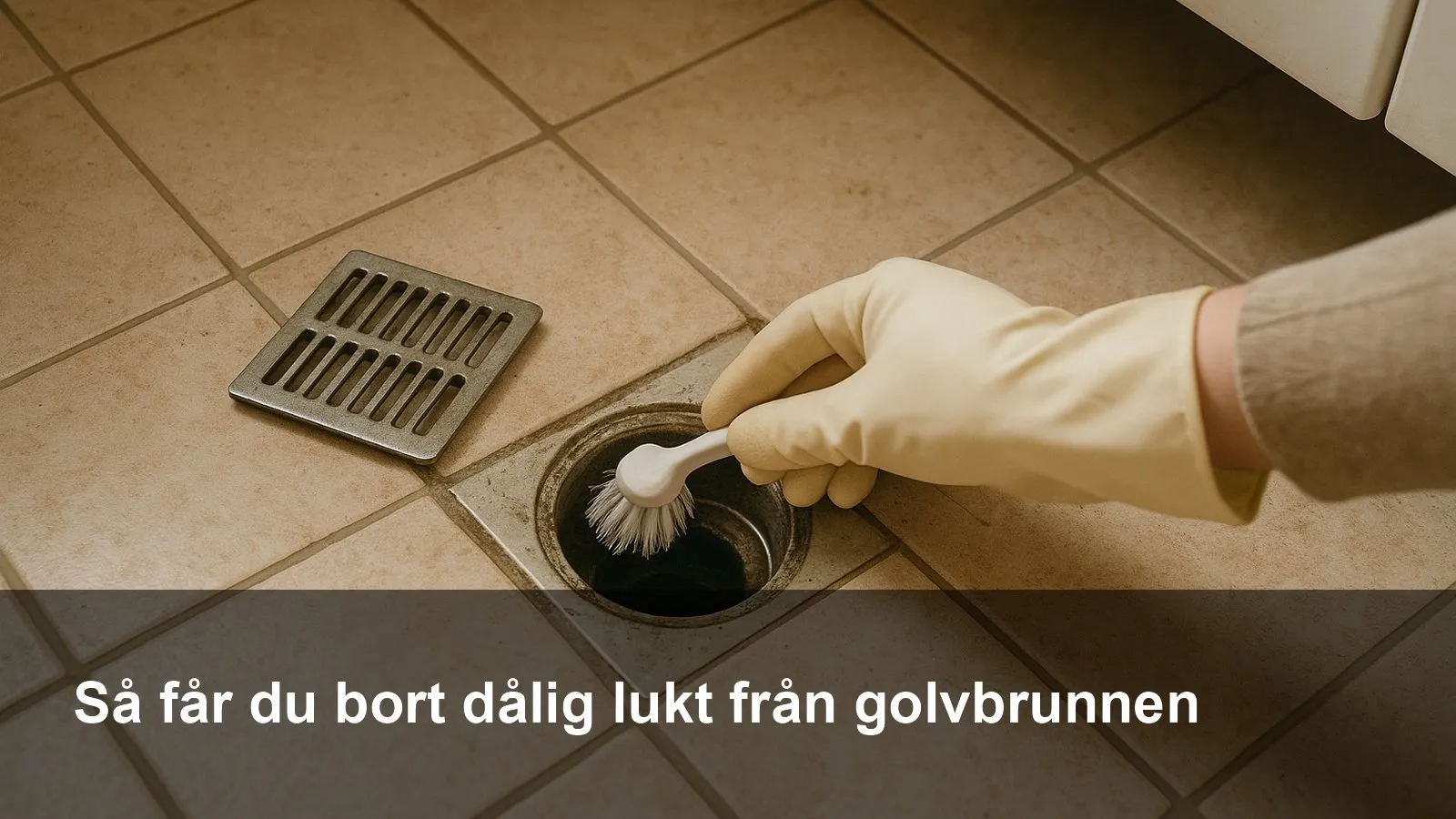Närbild på en person med handskar som lyfter gallret till en golvbrunn och borstar rent.