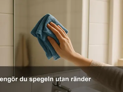 Hand som putsar en badrumsspegel med blå mikrofiberduk utan ränder.