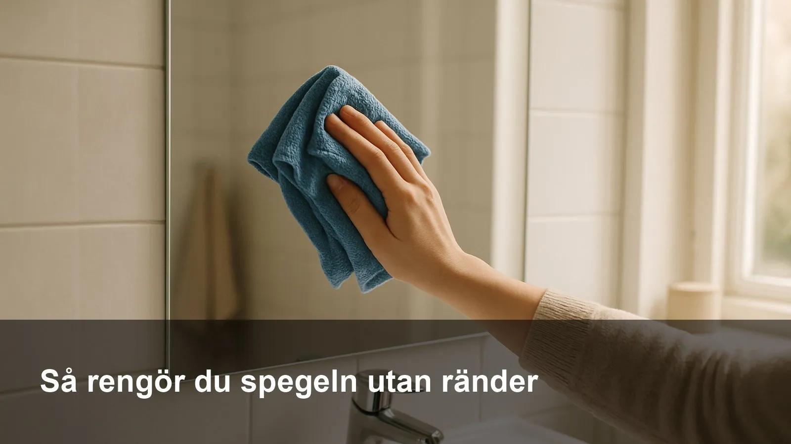 Hand som putsar en badrumsspegel med blå mikrofiberduk utan ränder.