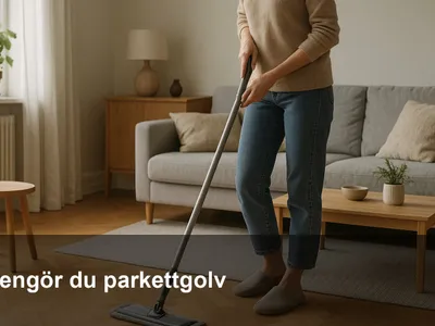 Mikrofibermopp som lätt fuktar ett ljust parkettgolv i dagsljus