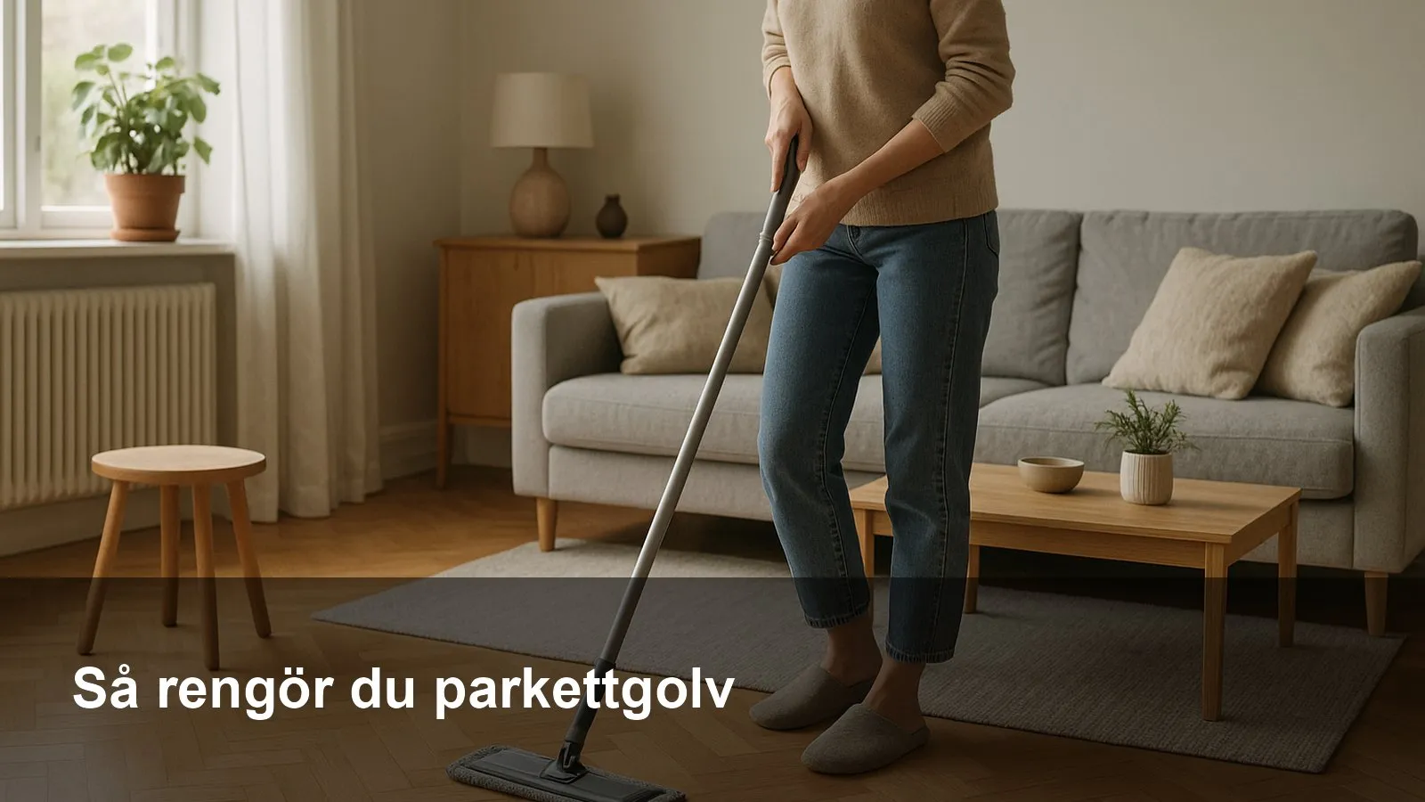 Mikrofibermopp som lätt fuktar ett ljust parkettgolv i dagsljus