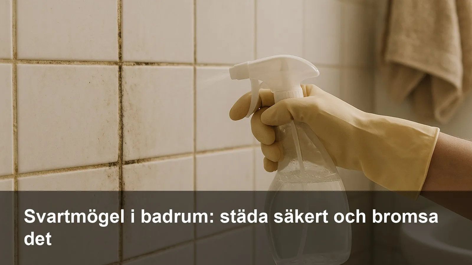 Närbild av svartmögel på kakelfog i ett badrum, hand med handskar som sprayar rengöringsmedel.