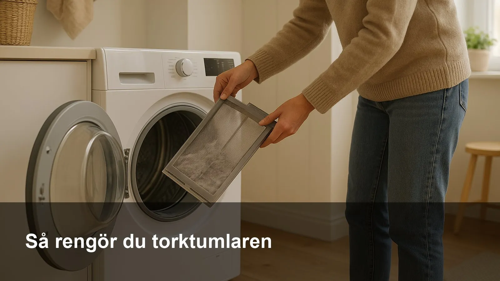 Öppen torktumlare där någon tar ut luddfiltret för rengöring i en ljus tvättstuga