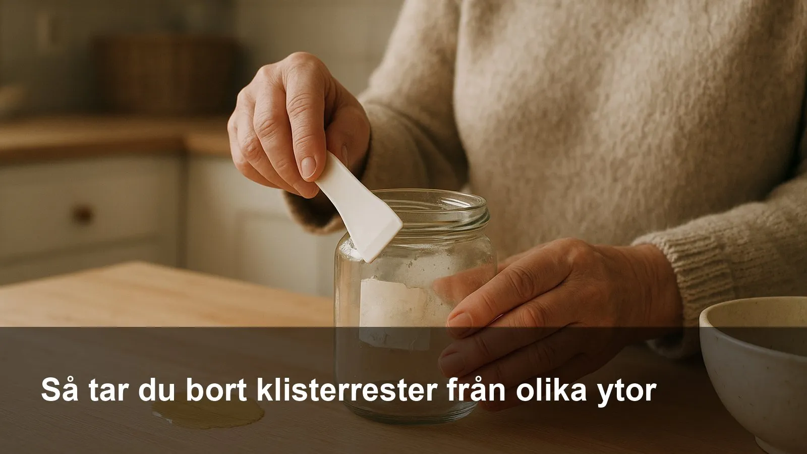 Hand som skrapar bort klisterrester från en glasburk med plastskrapa, lite olja och mikrofiberduk bredvid.