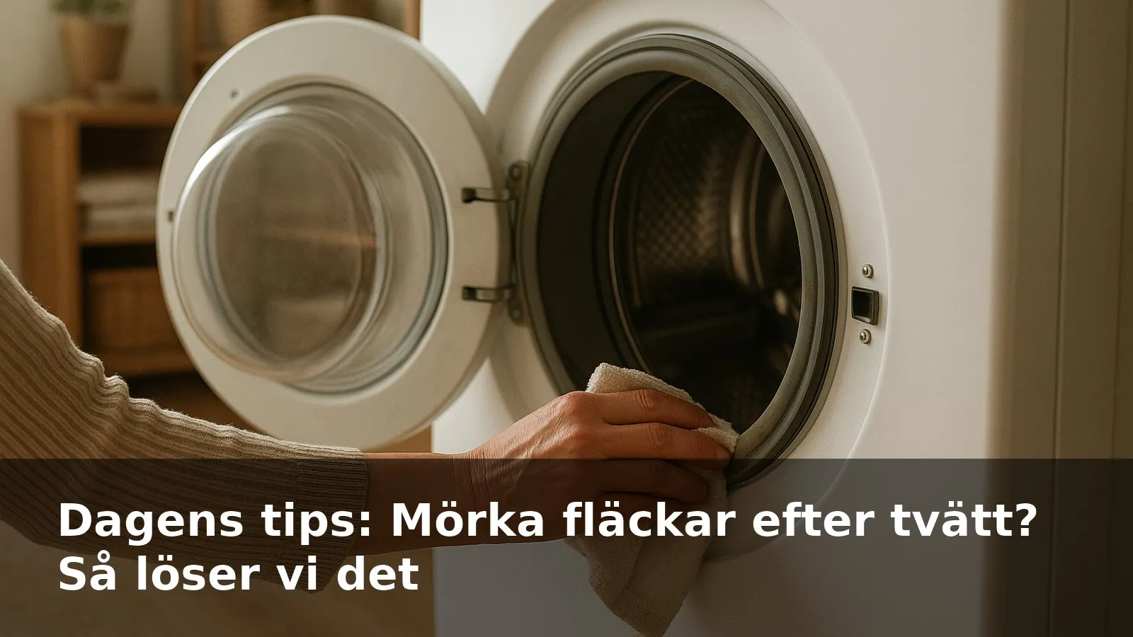 Någon torkar gummitätningen på en tvättmaskin och får upp mörkt ludd ur vecken.