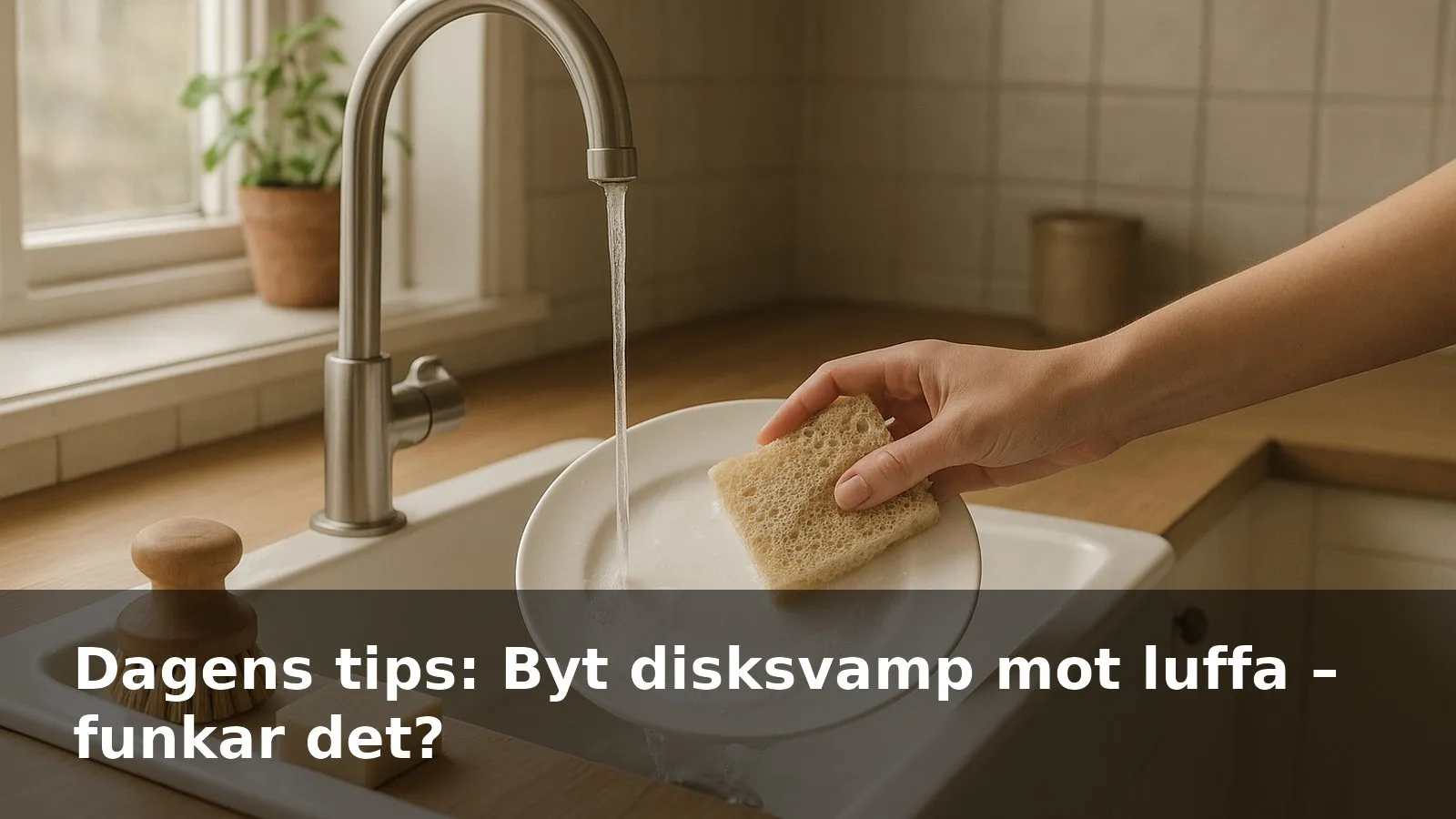 Hand som diskar en vit tallrik med en bit luffa i en ljus köksho, med trädiskborste och fast diskmedel bredvid