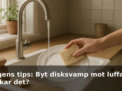 Hand som diskar en vit tallrik med en bit luffa i en ljus köksho, med trädiskborste och fast diskmedel bredvid
