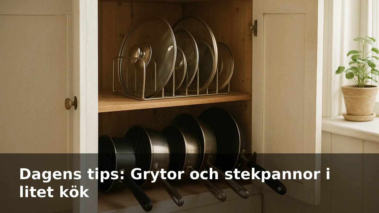 Litet köksskåp där grytor och stekpannor står överskådligt och locken står i en hållare utan trassel.