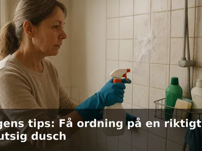 En person med handskar sprayar skummande badrumsrengöring på smutsiga duschväggar.