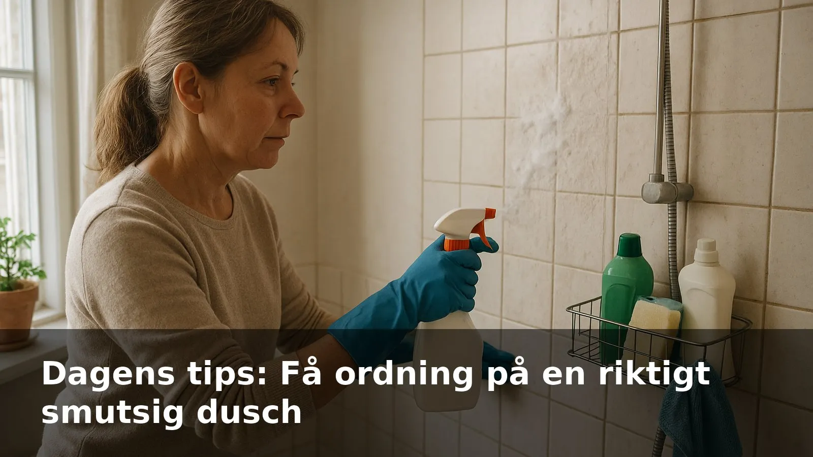 En person med handskar sprayar skummande badrumsrengöring på smutsiga duschväggar.