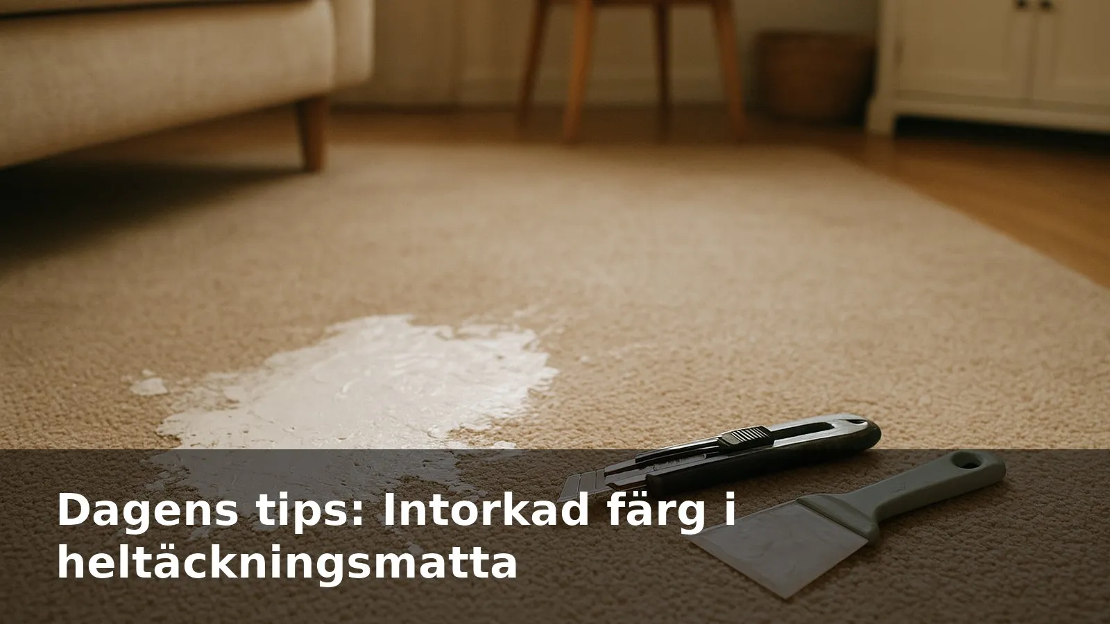 Beige heltäckningsmatta med stor intorkad färgfläck, bredvid ligger en mattkniv och en skrapa.