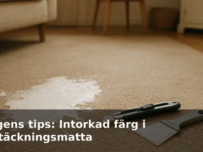 Beige heltäckningsmatta med stor intorkad färgfläck, bredvid ligger en mattkniv och en skrapa.