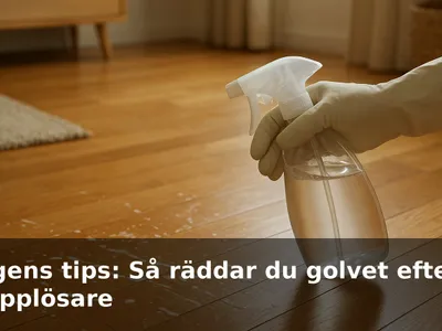 Spill av propplösare på ett lackat trägolv, hand i skyddshandske med ättiksspray på väg att neutralisera.