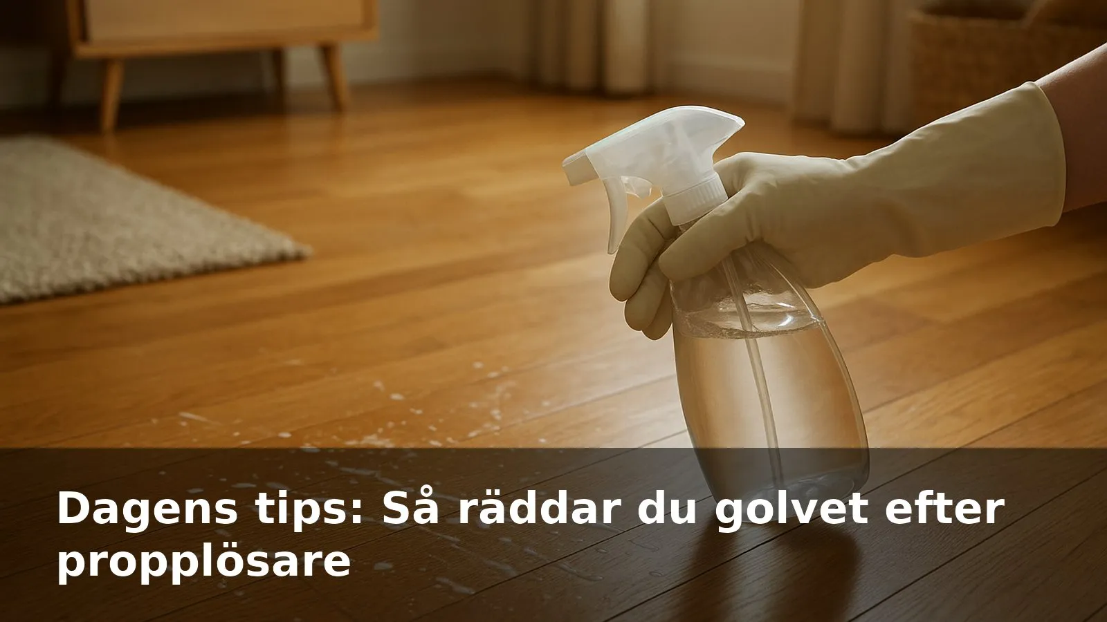 Spill av propplösare på ett lackat trägolv, hand i skyddshandske med ättiksspray på väg att neutralisera.