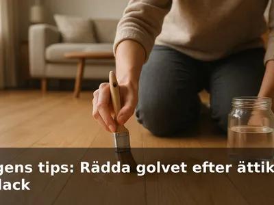 En person punktlackar en vit, matt fläck på ett lackat parkettgolv med en liten pensel.