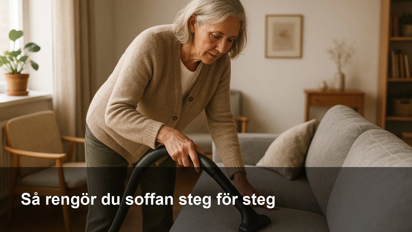 Person dammsuger en ljus tygsoffa med möbelmunstycke i ett vardagsrum.