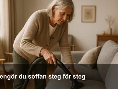 Person dammsuger en ljus tygsoffa med möbelmunstycke i ett vardagsrum.