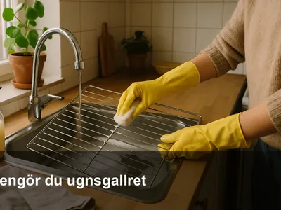 Rent, blänkande ugnsgaller som skrubbas i diskhon med diskborste och såpvatten.
