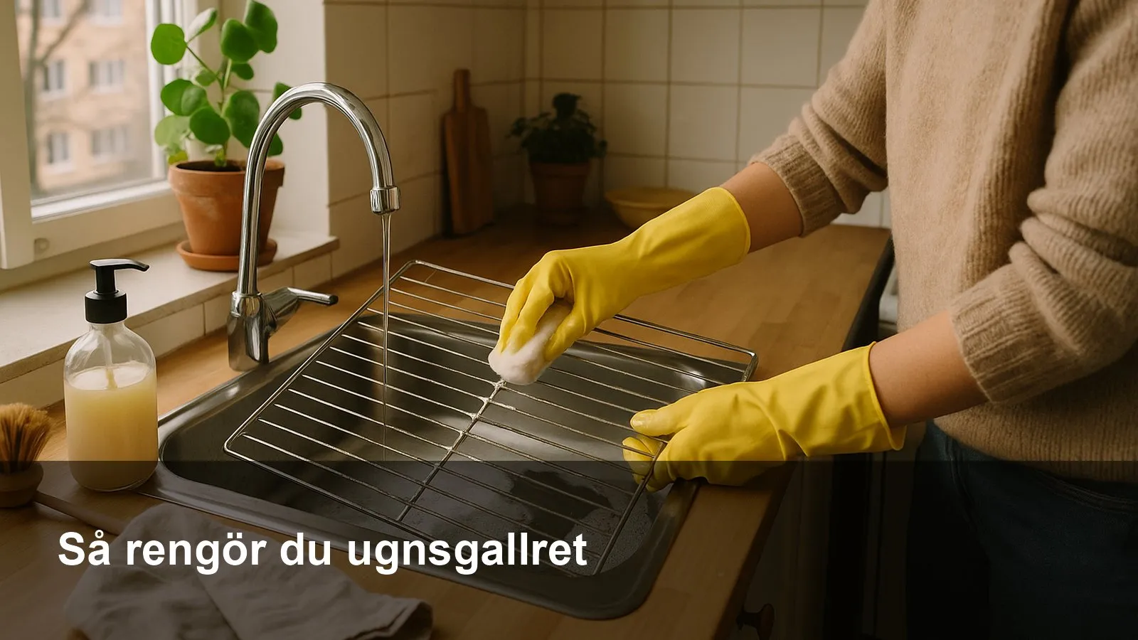 Rent, blänkande ugnsgaller som skrubbas i diskhon med diskborste och såpvatten.
