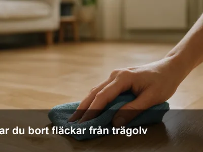 Hand som punktbehandlar en fläck på ett lackat ekgolv med mikrofiberduk