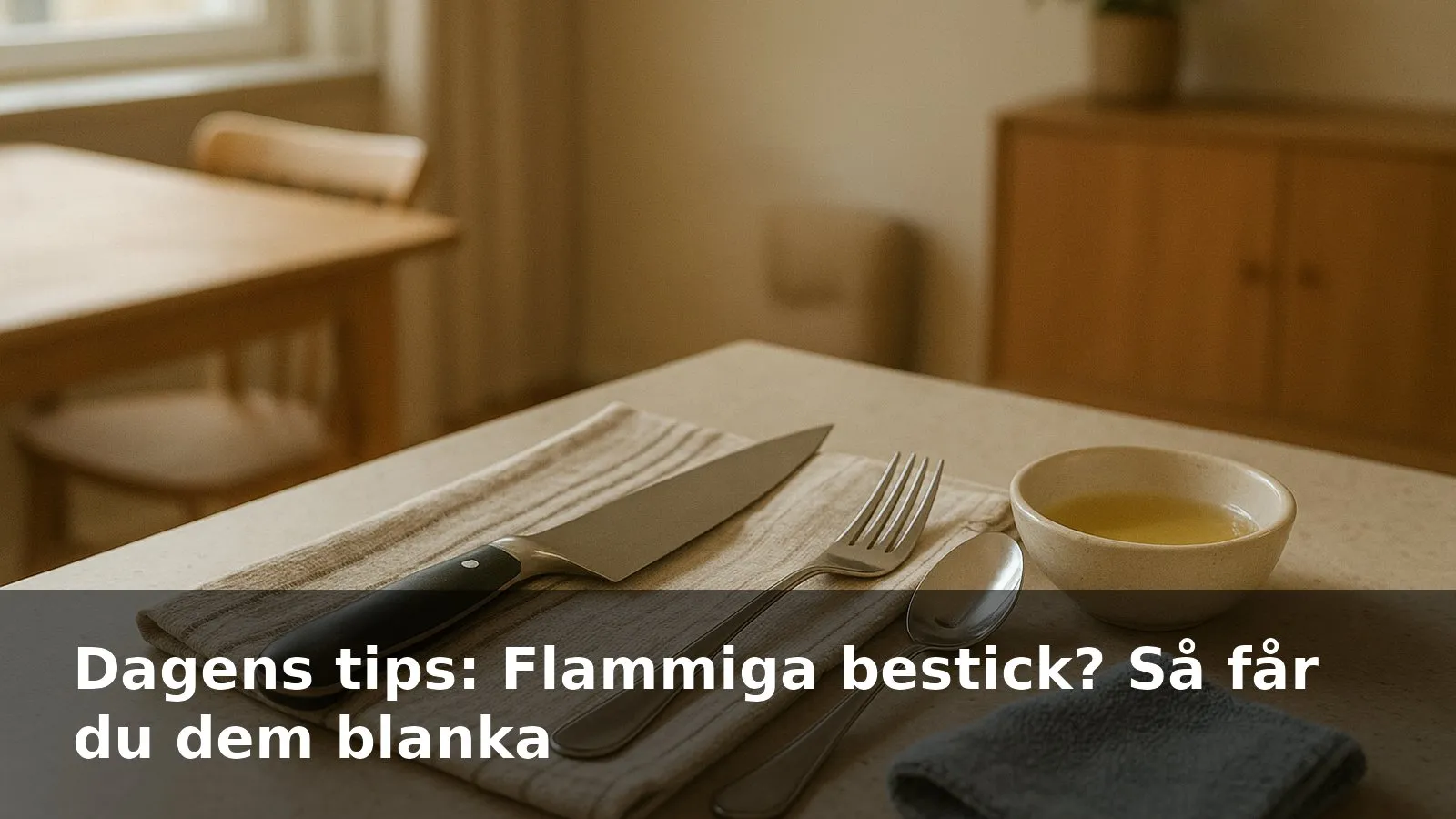 Blank rostfri sked och kockkniv på en kökshandduk, bredvid en liten skål med ättika och en mikrofiberduk.